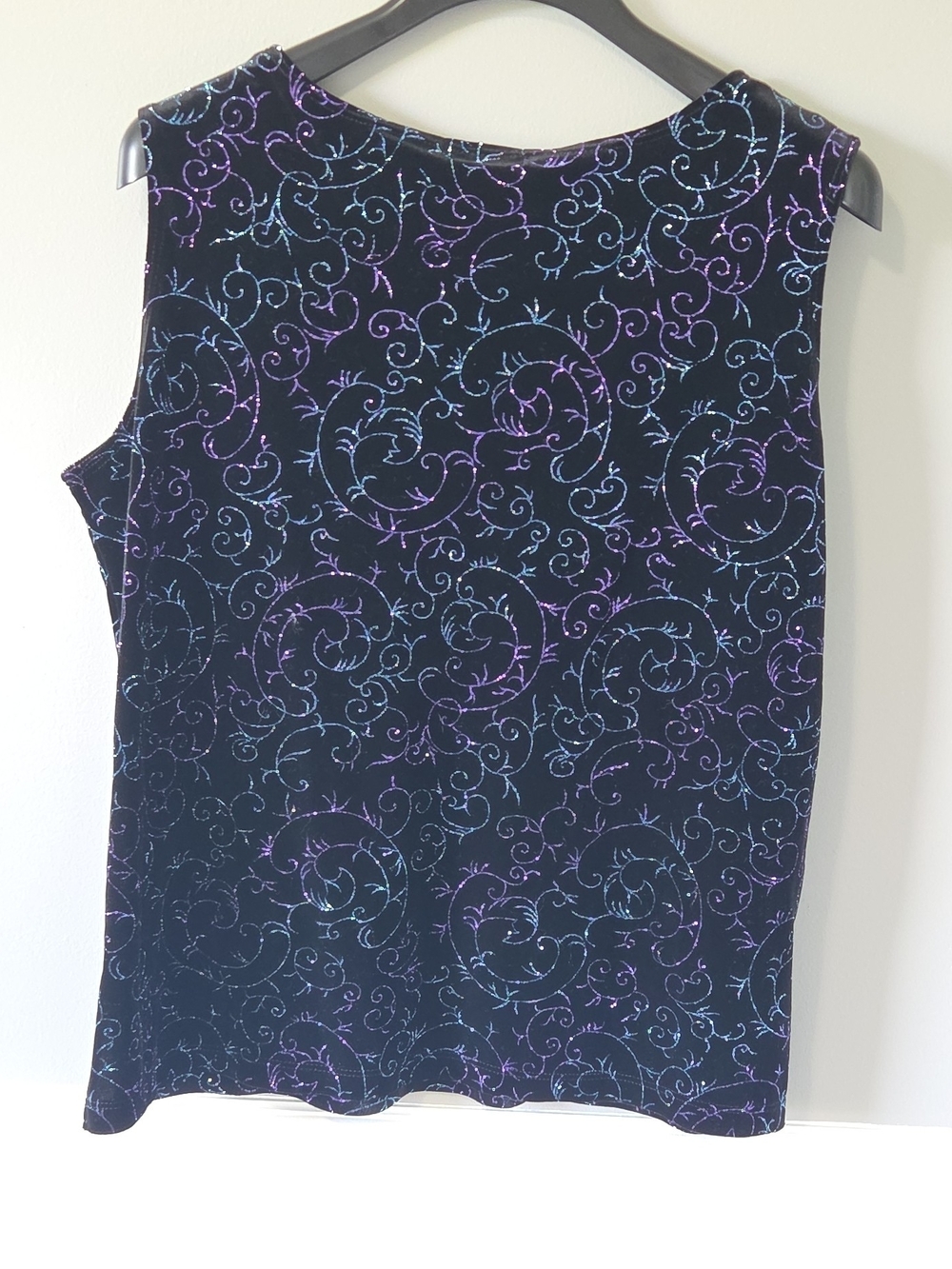 Notations Black Velvet Sleeveless Top with Glitter Purple Blue Swirl XL - Picture 2 of 8